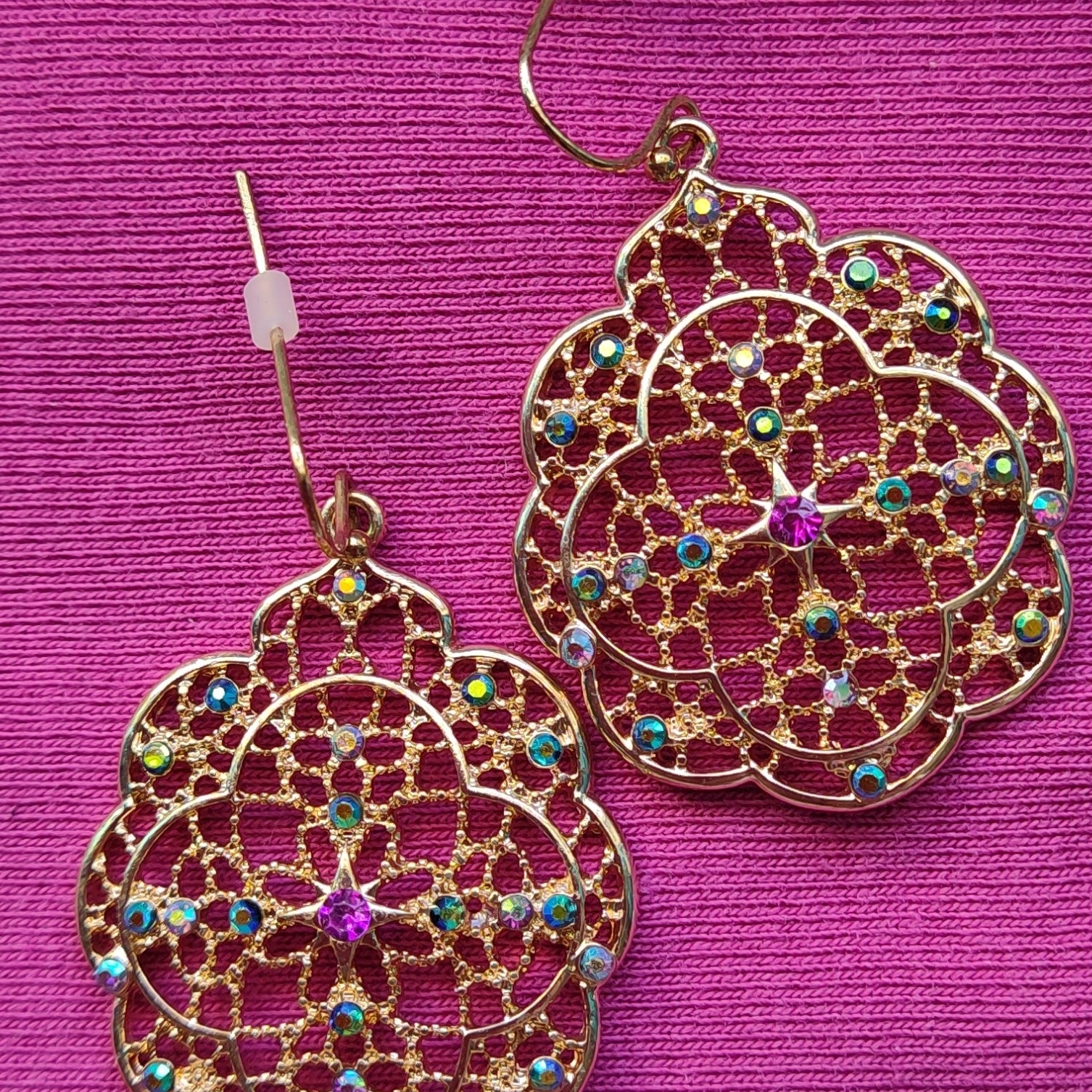 Gold Filigree Earrings With Multicolor Gems